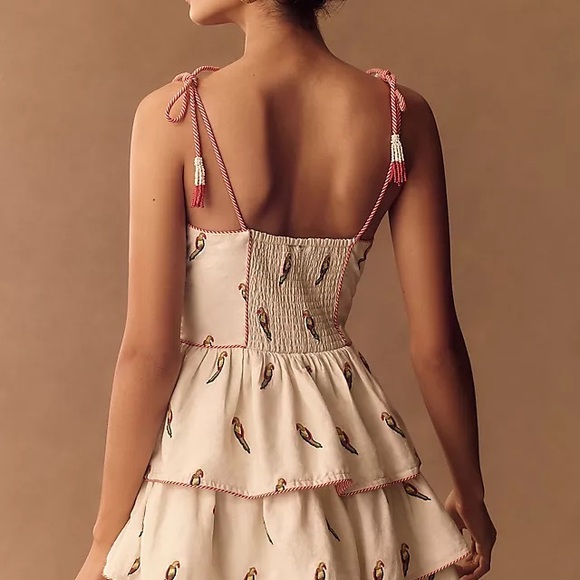 Farm Rio x Anthropologie Parrot Print Linen Tiered Mini Dress XL - Picture 2 of 15